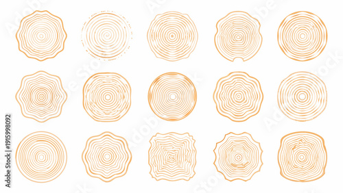 Collection of various orange circular and polygonal patterns resembling tree rings on white background