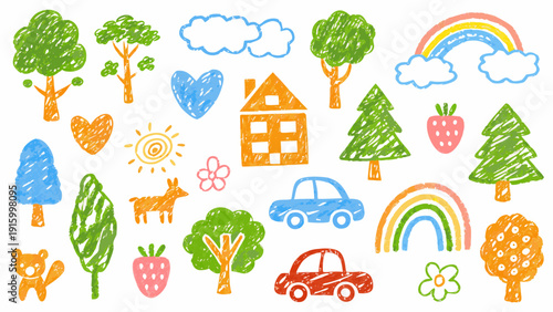 Colorful crayon drawing of trees a house rainbow car and various whimsical elements