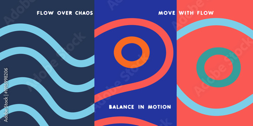Abstract graphic design featuring flowing lines circles and text emphasizing movement and balance