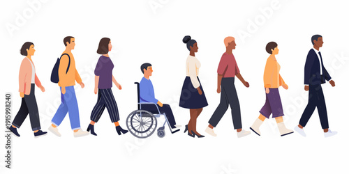 Diverse group of people walking in a line including a person in a wheelchair