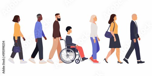 Diverse group of people walking in a row including a person in a wheelchair