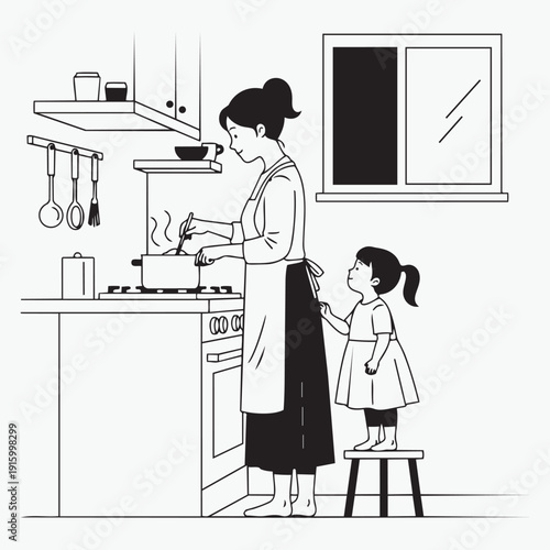 Mom and Child Cooking Together in Kitchen