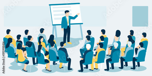 A man presents to an audience in a modern stylized illustration of a business meeting