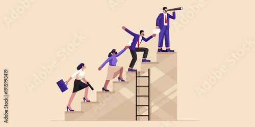 Business team climbing stairs representing progress success and upward mobility in a corporate setting