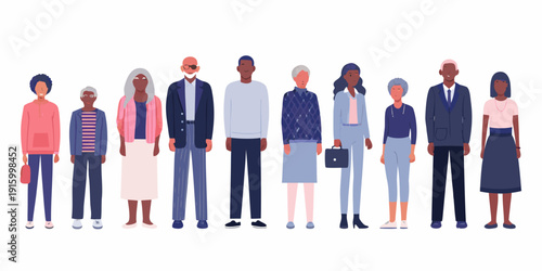 Diverse group of people standing in a row representing various ages and ethnicities