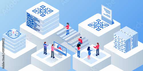 Isometric illustration of people interacting with qr codes on digital blocks and a staircase