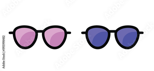 A pair of black framed sunglasses with pink and purple lenses