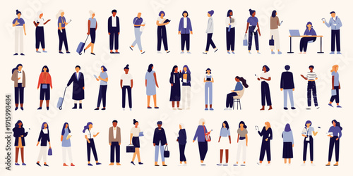 Diverse group of people standing and working in an office environment illustrated in a vector style