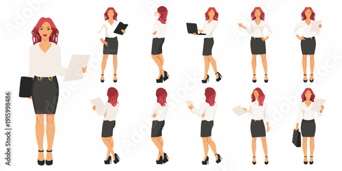 Businesswoman in various poses a red haired professional in a black skirt and white blouse