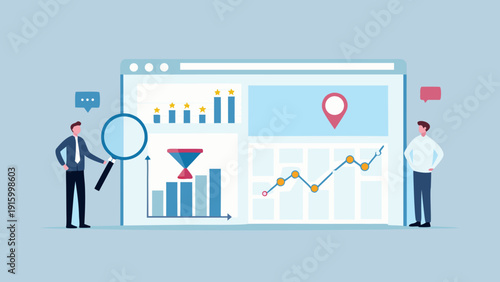 Illustration depicting website analytics user interface and data visualization with a magnifying glass