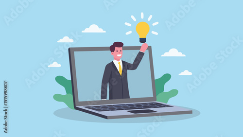 A man in a suit holds a glowing lightbulb emerging from a laptop screen symbolizing innovation