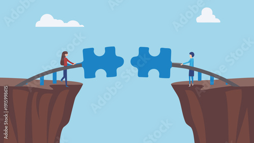 Two figures connect puzzle pieces over a chasm symbolizing collaboration and bridging gaps