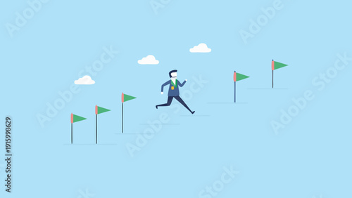 A businessman runs towards a goal passing flags representing milestones on a blue background