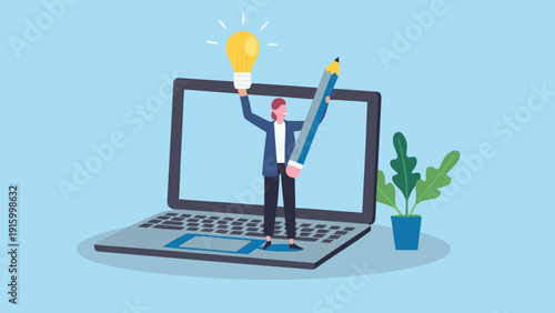 A laptop screen displays a person holding a lit lightbulb and a pencil symbolizing creative ideas