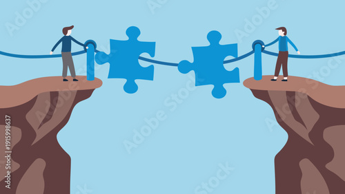 Connecting puzzle pieces with people bridging a gap symbolizing collaboration and teamwork
