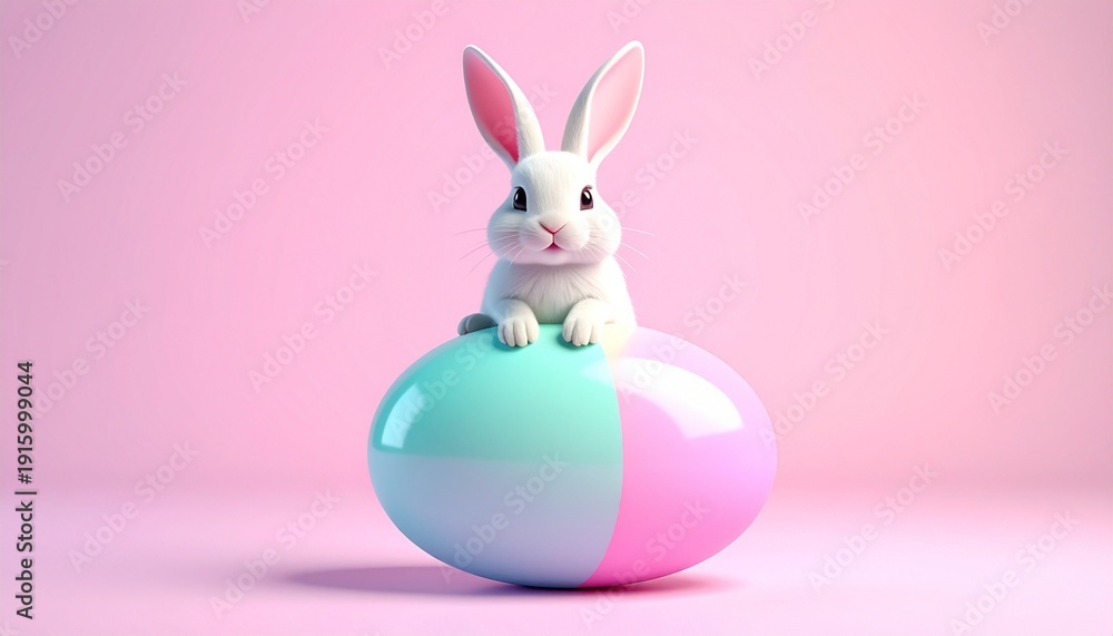 Fototapeta premium White rabbit perched atop glossy pastel egg split pink and blue, set against solid light blue background—evoking Easter symbolism, renewal, and the choreography of cheerful minimalism.