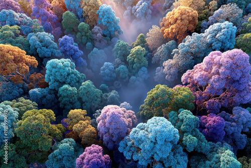 Colorful forest with misty atmosphere and vibrant tree canopy
