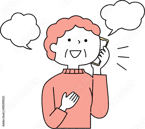 スマホで通話する笑顔のシニア女性単色