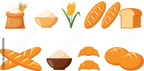 Bread and bakery products vector collection with baguette loaf croissant flour and wheat illustration