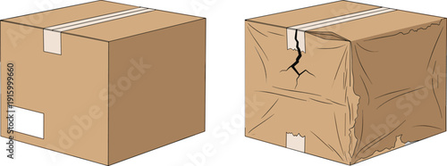 Cardboard box new and damaged vector illustration set with sealed and crushed shipping package