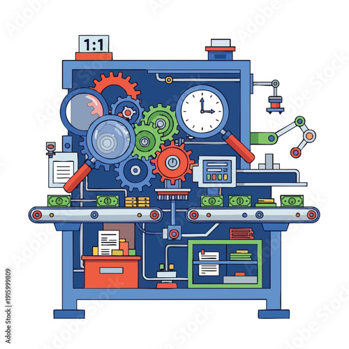 Financial System Automation: Money Processing Machine Concept with Gears, Magnification, and Efficiency Clock