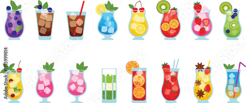 Colorful fresh fruit cocktail collection vector set with summer drinks smoothies and lemonade illustrations