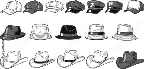 Hat illustrations including baseball caps, uniform hats, bucket hats, fedoras, and cowboy hats for fashion and cultural design