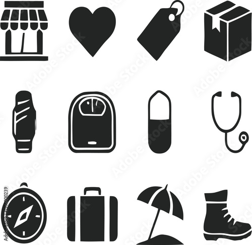Set of 10 black icons vector, health, travel, shopping