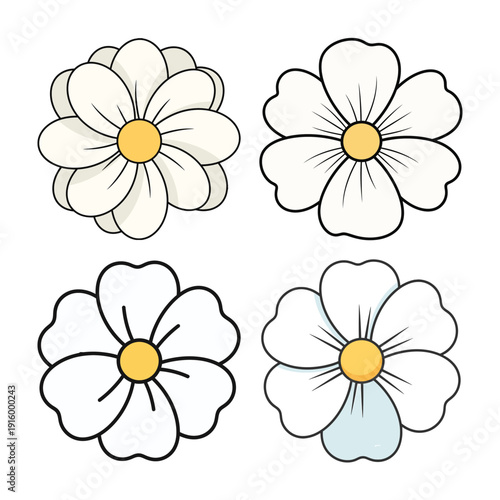 Set of Four Stylized White Daisy Flowers with Yellow Centers vector illustration