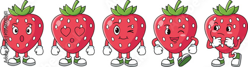 Cute strawberry character set showing different emotions and expressions in playful cartoon style fruit mascot illustration
