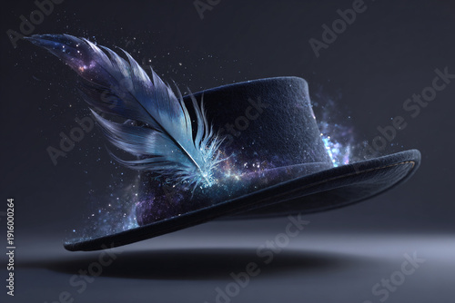 Magical black top hat with a glowing cosmic feather and levitating stardust particles on a dark, ethereal studio background.