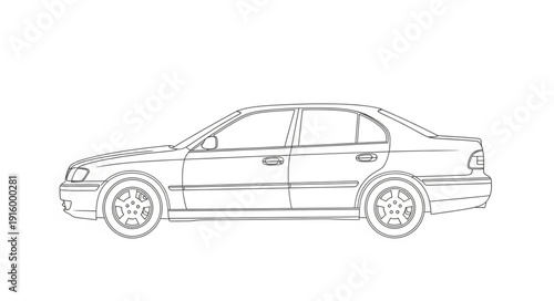 Outline drawing of a modern sedan car side view.