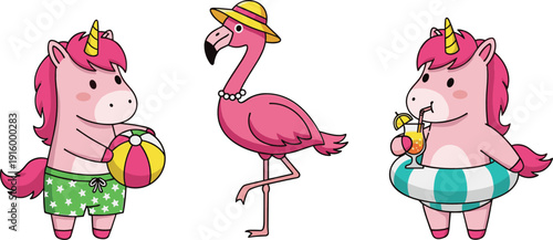 Cute summer unicorn and flamingo vector illustration set with beach ball swim ring and tropical vibes