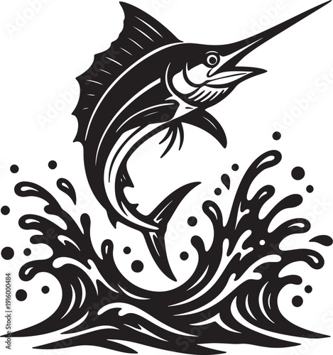 Dynamic black and white illustration of a marlin fish leaping from a splash of water
