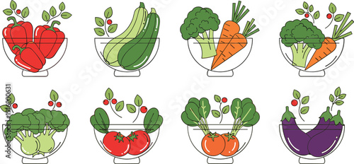 Fresh vegetable bowl collection vector set with tomato carrot broccoli eggplant and organic produce illustration