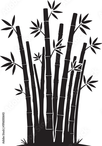 Clump of bamboo stalks, black and white vector illustration of lush greenery