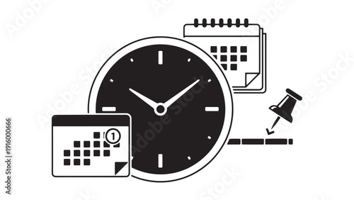 Time management and scheduling icon set with clocks, calendars, reminders and timesheets for operational efficiency, shift planning and workforce cost control
