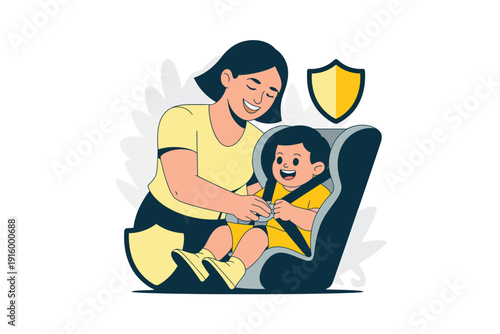 Mother buckling up baby in a car seat with safety shield