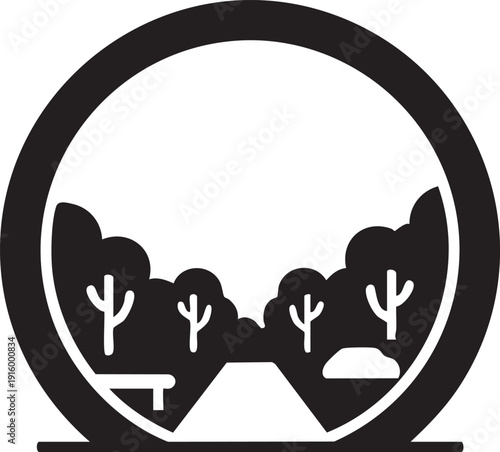 Circular garden scene silhouette, minimalist landscape with trees and path