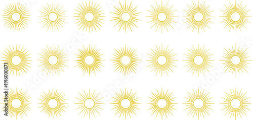 Golden sunburst rays collection vector set with radiant sunshine symbols isolated illustration