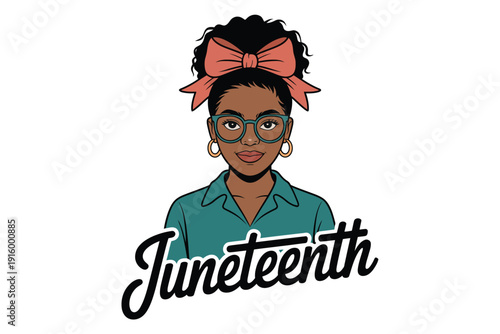 A woman celebrates Juneteenth with a graphic illustration and text.