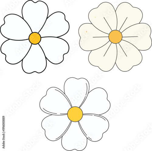 Three Stylized Daisy Flowers with Yellow Centers on White Background bloom blossom