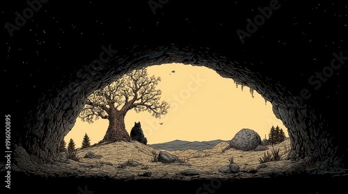 Rural Landscape View from Inside a Cave With Silhouette of Bare Tree and Stars on a Dark Night Sky in Minimalist Pixel Art Style