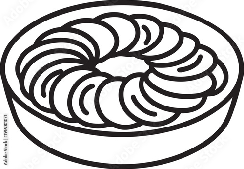 A stylized black and white illustration of a cruller or cinnamon roll pastry
