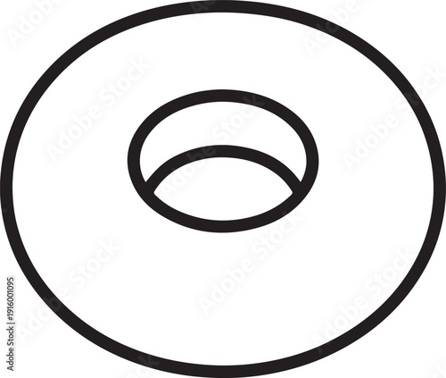 A simple black and white illustration of a doughnut with a hole in the middle.
