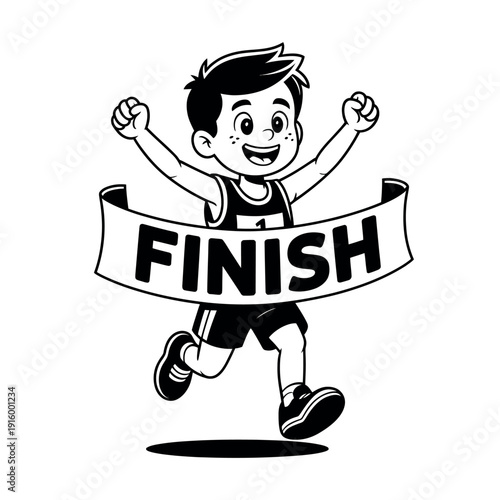 Young victorious boy crosses the finish line ribbon with arms raised high in triumph.
