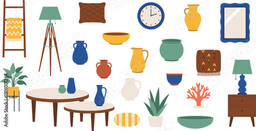 Home interior furniture and decor vector set with table lamps plants vases clock and mirror illustration