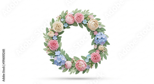 Stylized white rabbit mask with pink ears and makeup on a light gray background with shadow