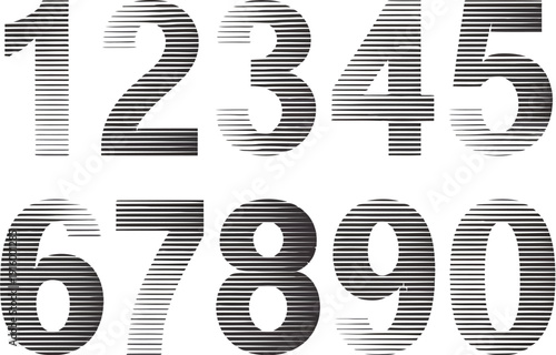 Modern number font vector set 0–9, lined numeric typography with horizontal speed line pattern, dynamic racing style digits from zero to nine for sports branding, automotive design, digital displays, 