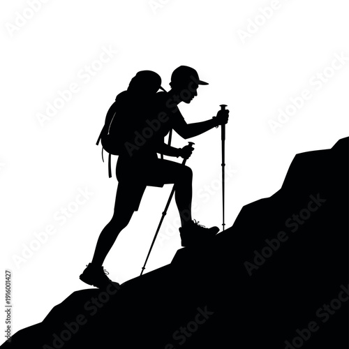 Hiker silhouette powerfully ascends a steep rocky incline using hiking poles against.
